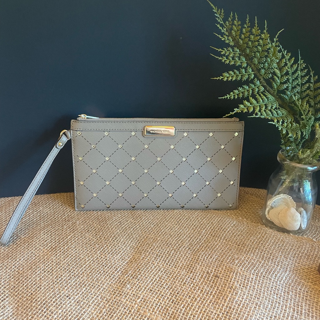 Michael Kors Jamey Clutch Wristlet Taupe Saffiano Leather Authentic Euc